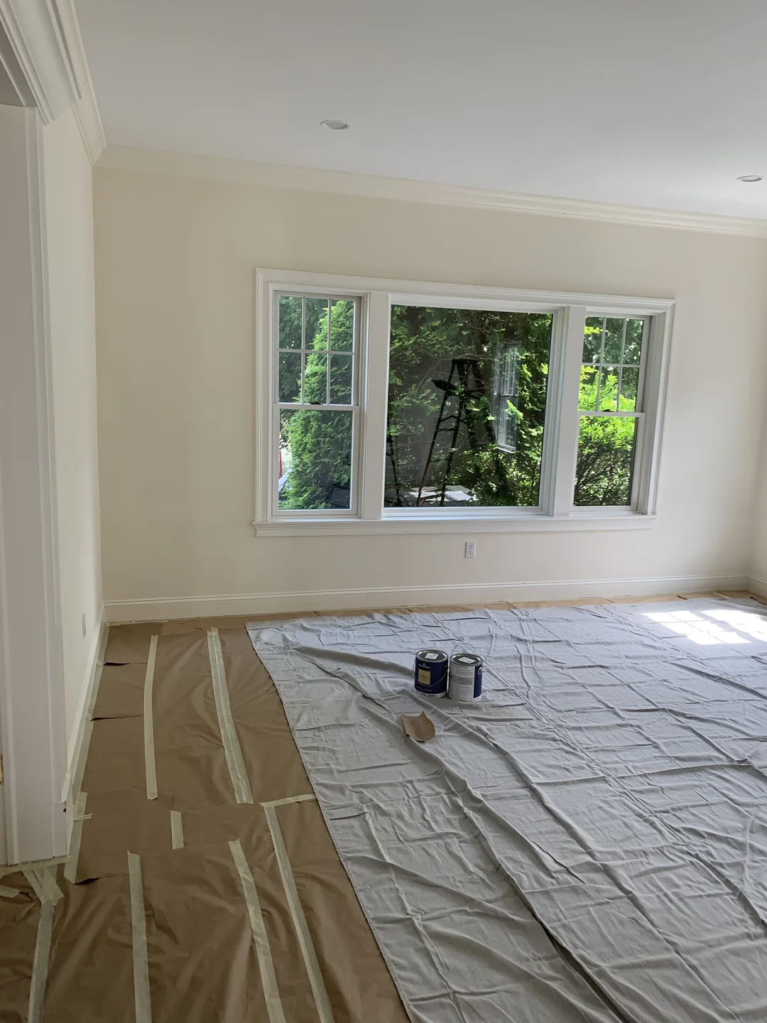 Residential interior painting project with protected flooring and painted window trim